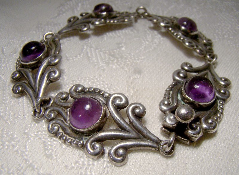 STERLING Silver AMETHYST Cabochons BRACELET 1930s 1940 Mexico