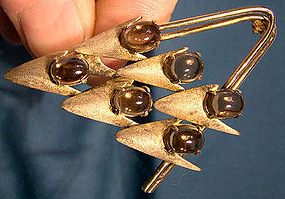 Modernist Sterling Silver Smoky Quartz Cabs Pin 1950s