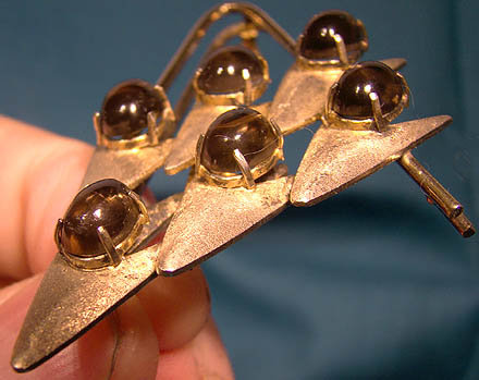 Modernist Sterling Silver Smoky Quartz Cabs Pin 1950s