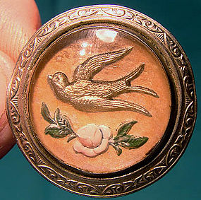 Reverse Painted ESSEX CRYSTAL BIRD and ROSE PIN c1900