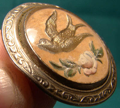 Reverse Painted ESSEX CRYSTAL BIRD and ROSE PIN c1900