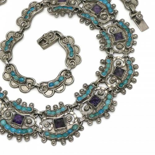 Matl Ricardo Salas Mexican Amethyst Turquoise Sterling Silver Necklace