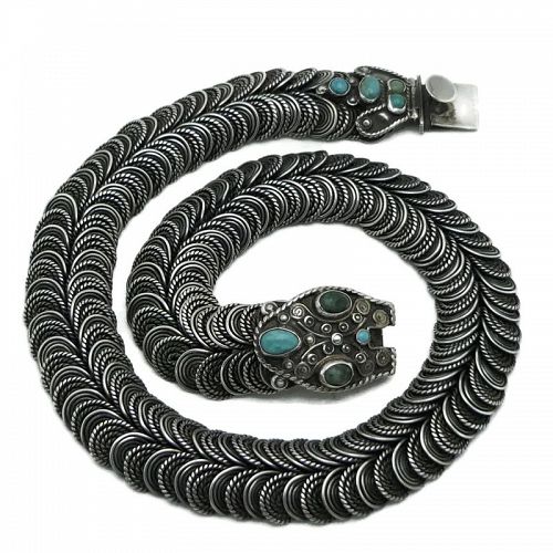 1940's CEL Mexican Turquoise Sterling Silver Coiled Snake Necklace