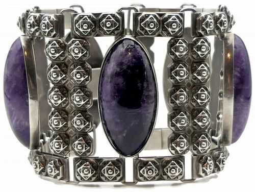 Fred Davis Amethyst Silver Wide Taxco Mexican Bracelet