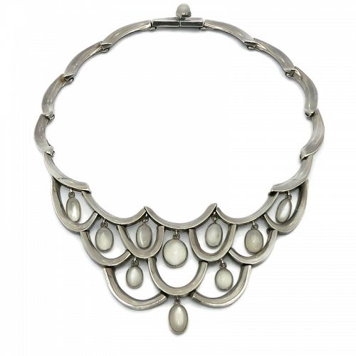 Antonio Pineda Moonstone 970 Silver Taxco Mexican Bib Necklace