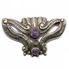 Early Mexico City Amethyst Moth Repoussé Silver Pin