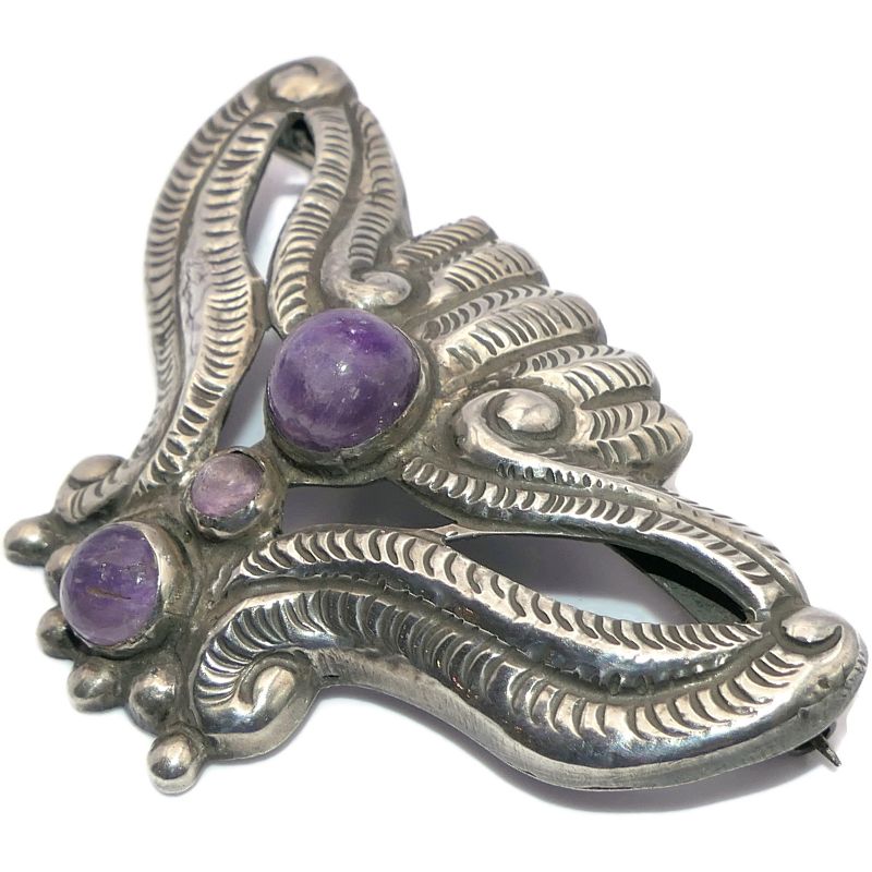 Early Mexico City Amethyst Moth Repoussé Silver Pin