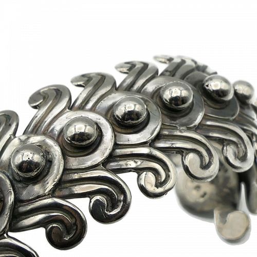 1940's Los Castillo #263 Beaded Swirls Sterling Silver Cuff Bracelet