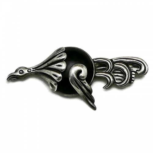 Hector Aguilar .940 Silver Taxco Mexican Onyx Bird Pin