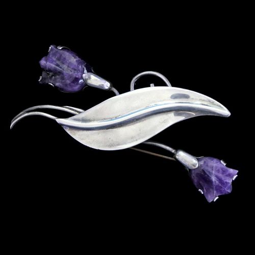 4 5/8" Fred Davis Taxco Mexican Amethyst Tulips Sterling Silver Pin