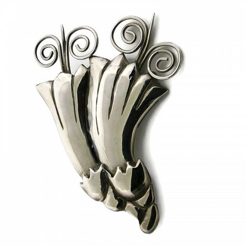 Valentin Vidaurreta Taxco Mexican Sterling Silver Floral Pin 3 1/8"