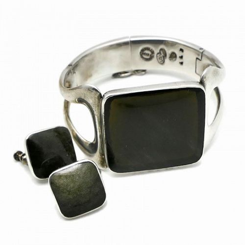 Sigi Pineda Obsidian Sterling Silver Mexican Bracelet Earrings Set