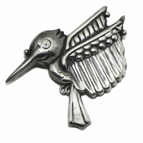 Hector Aguilar Taxco Mexican Repoussé Sterling Silver Hummingbird Pin