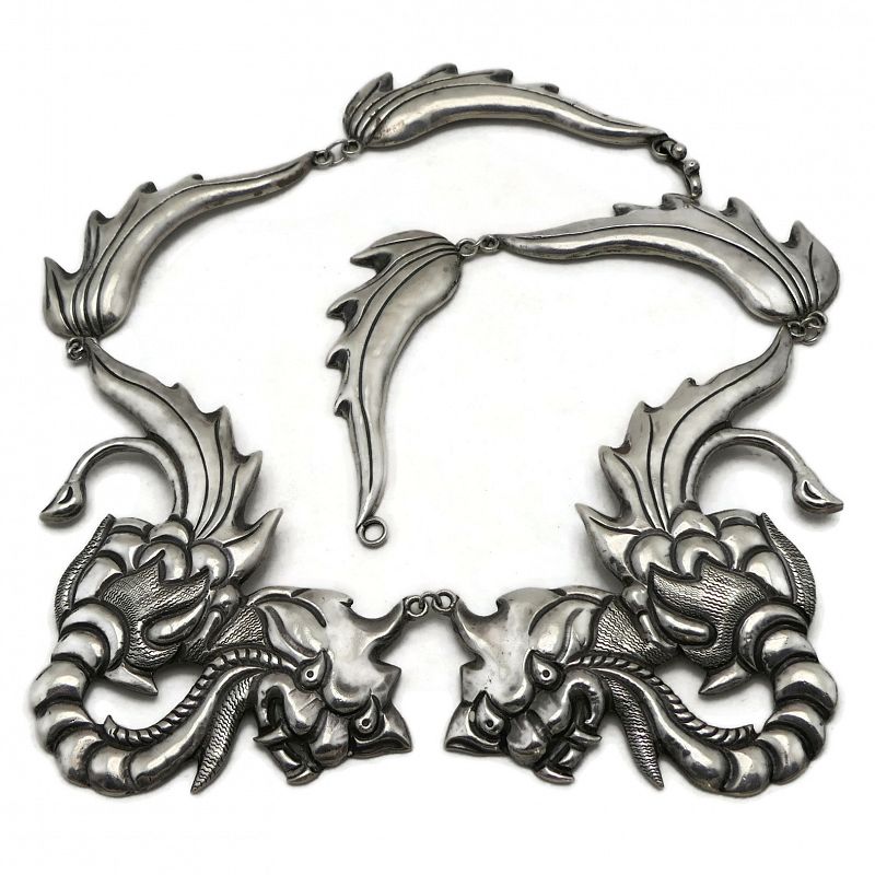 Early Mexican Double Dragon Repoussé Silver Necklace