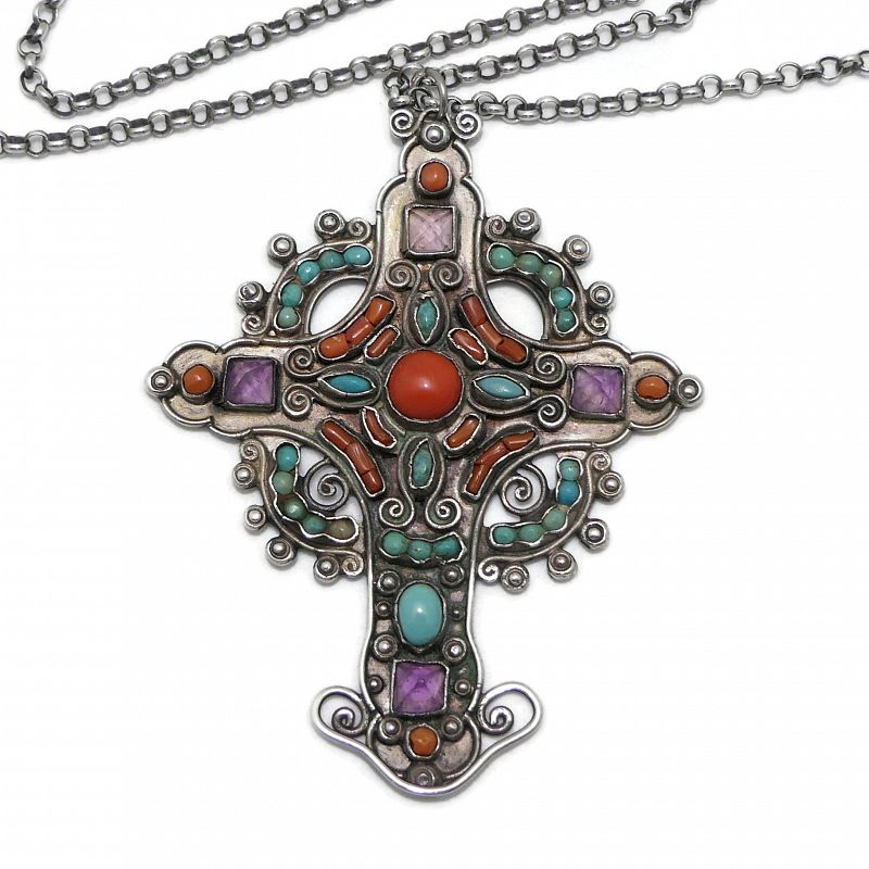 Matl Matilde Poulat Jeweled Cross Sterling Silver Mexican Necklace