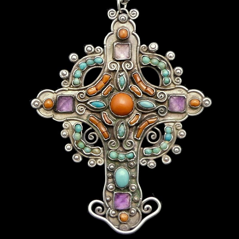 Matl Matilde Poulat Jeweled Cross Sterling Silver Mexican Necklace