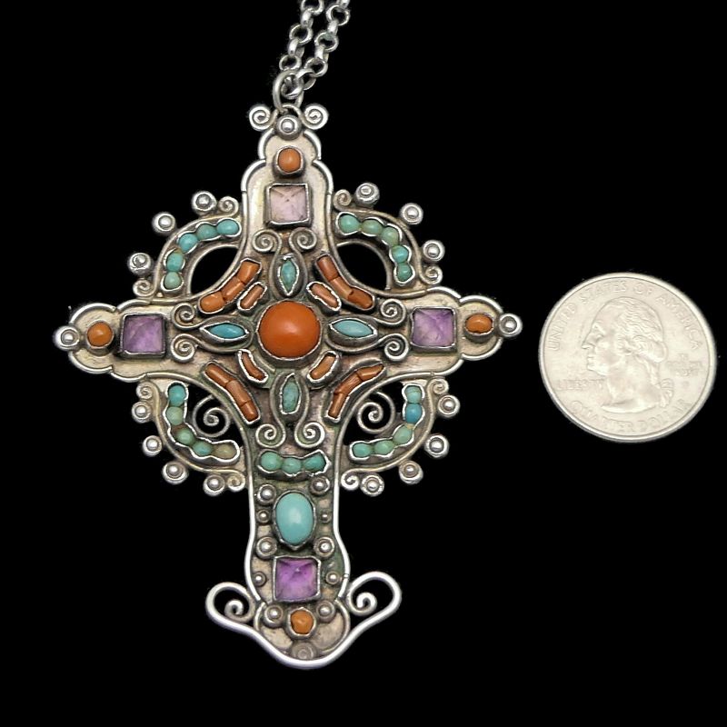 Matl Matilde Poulat Jeweled Cross Sterling Silver Mexican Necklace