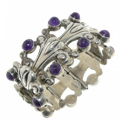 Early Mexican Amethyst Repoussé Sterling Silver Bracelet