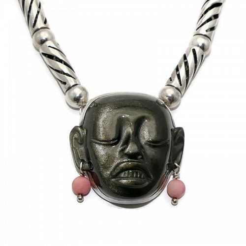 Antonio Pineda Obsidian Mask Taxco Mexican Silver Necklace