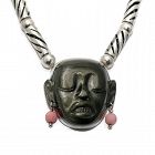 Antonio Pineda Obsidian Mask Taxco Mexican Silver Necklace