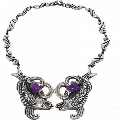 1930's Mexican Amethyst Repoussé Sterling Silver Koi Fish Necklace