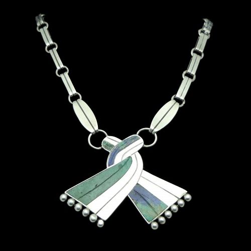 William Spratling Azur-Malachite Tassel Sterling Silver Necklace