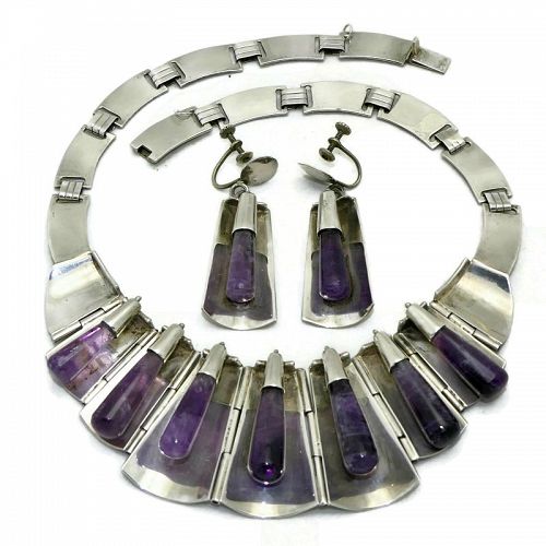 Vintage FarFan Mexican Amethyst Sterling Silver Necklace Earrings Set