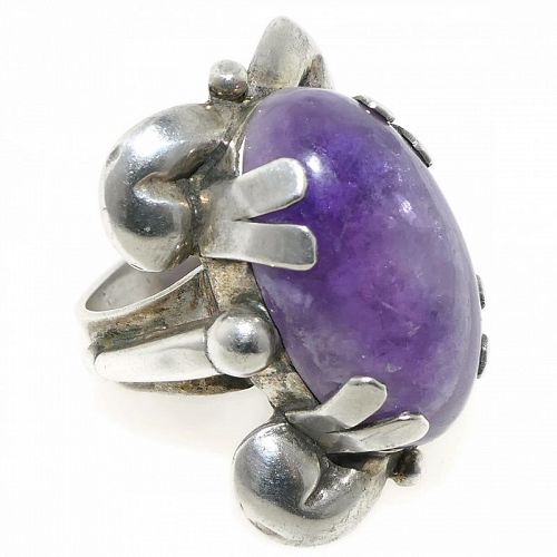 Huge Fred Davis Amethyst Repoussé Sterling Silver Mexican Ring