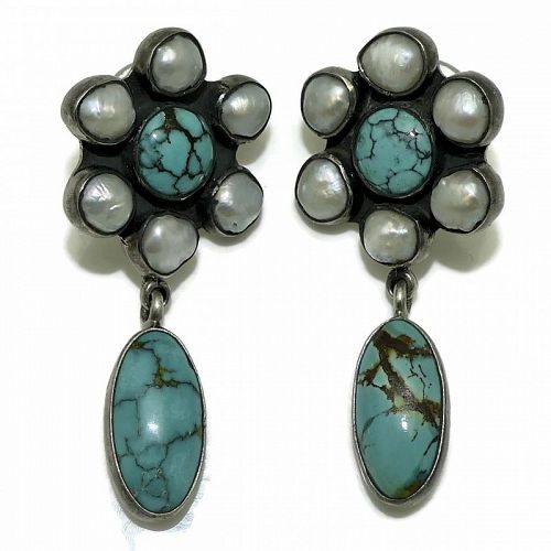 Federico Jimenez Turquoise Pearls Sterling Silver Dangle Earrings
