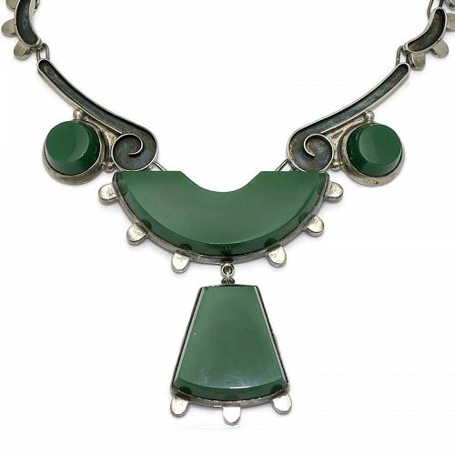 ACE Vintage Mexican Sterling Silver Stone Deco Design Necklace