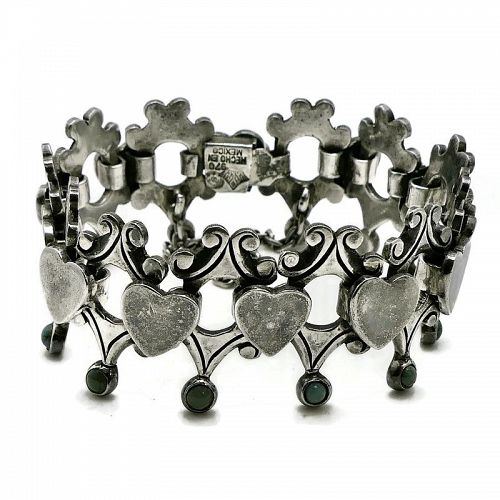 Antonio Pineda Taxco Mexican 970 Silver Turquoise Hearts Bracelet