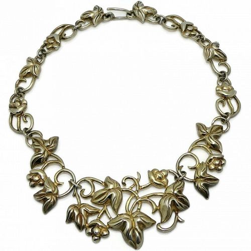 Doris Silver Mexican Repoussé Sterling Silver Vermeil Floral Necklace