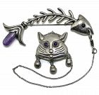 Hubert Harmon Amethyst Cat & Fish Mexican Sterling Silver Pin