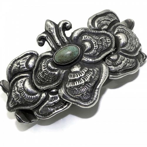 1930's Mexico City Repoussé Sterling Silver Stone Moth Bracelet