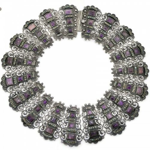 Monumental Matl Salas Jeweled Mexican Sterling Silver Necklace
