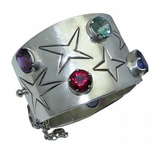 Los Ballesteros Taxco Mexican Jeweled Stars Sterling Silver Bracelet