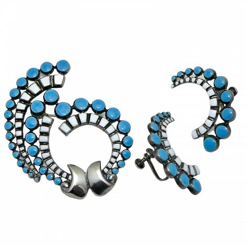 Margot de Taxco #5601 Two Color Dot & Square Pendant/Pin Earrings Set