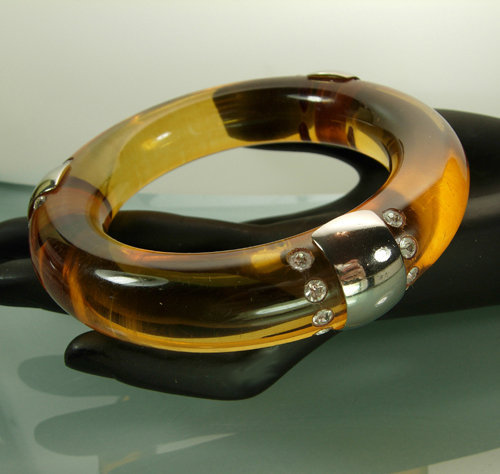 French Deco Apple Juice Bakelite Chrome Strass Bracelet