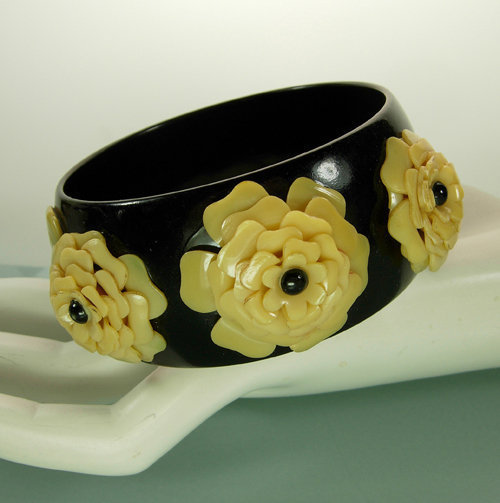 1950 Black Cream Celluloid Bangle with Applied Flowers