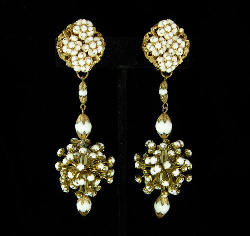 Statement 50s Long Glass Stones Beads Filigree Earrings