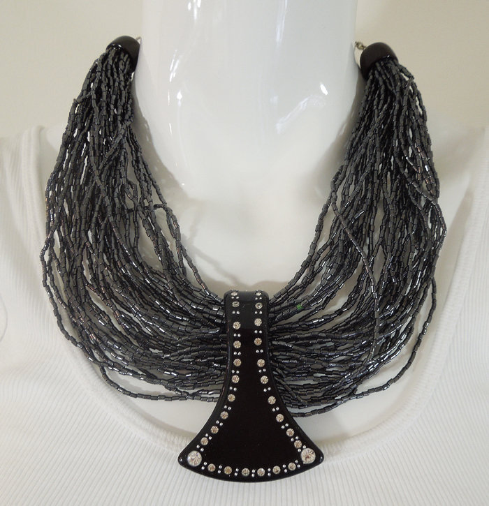 Ugo Correani Italy Glass Black Lucite Strass Necklace