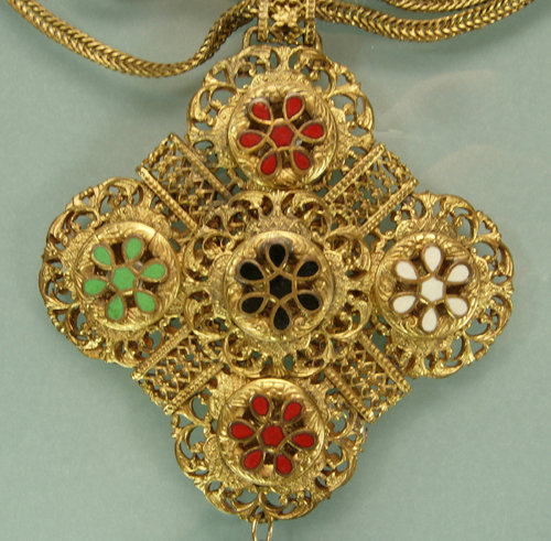 1950 French Filigree Enamel Quatrefoil Drop Necklace