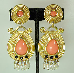 1970s Etruscan Signed Craft Earrings: Faux Coral Pearls