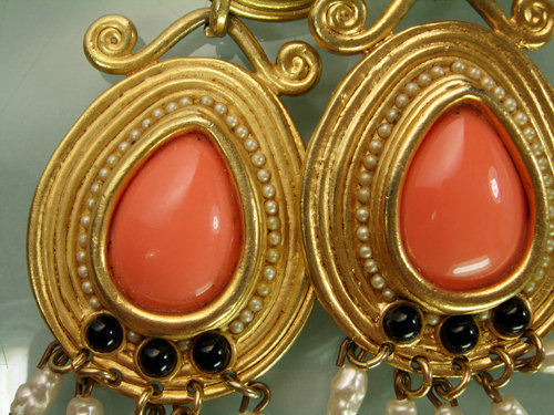 1970s Etruscan Signed Craft Earrings: Faux Coral Pearls