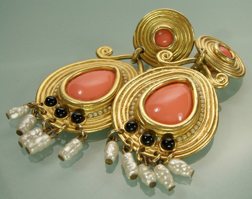 1970s Etruscan Signed Craft Earrings: Faux Coral Pearls