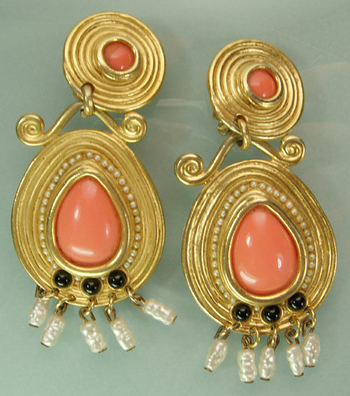 1970s Etruscan Signed Craft Earrings: Faux Coral Pearls