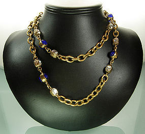 Signed Chanel 35 in. Blue Gripoix Glass Strass Necklace