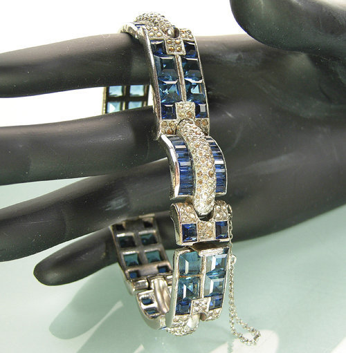 1940 French Art Deco Bracelet Blue Invisibly Set Stones