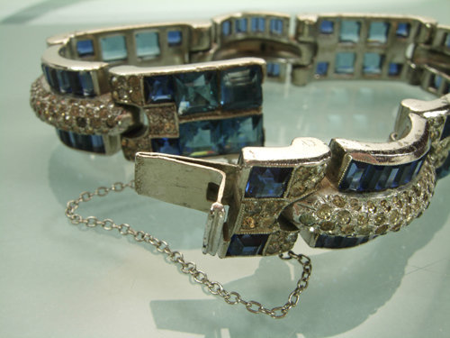 1940 French Art Deco Bracelet Blue Invisibly Set Stones