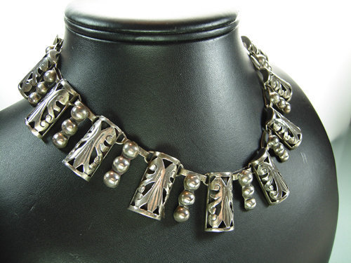 E BARENA Taxco Mexico Silver Bib Necklace Listed Mark